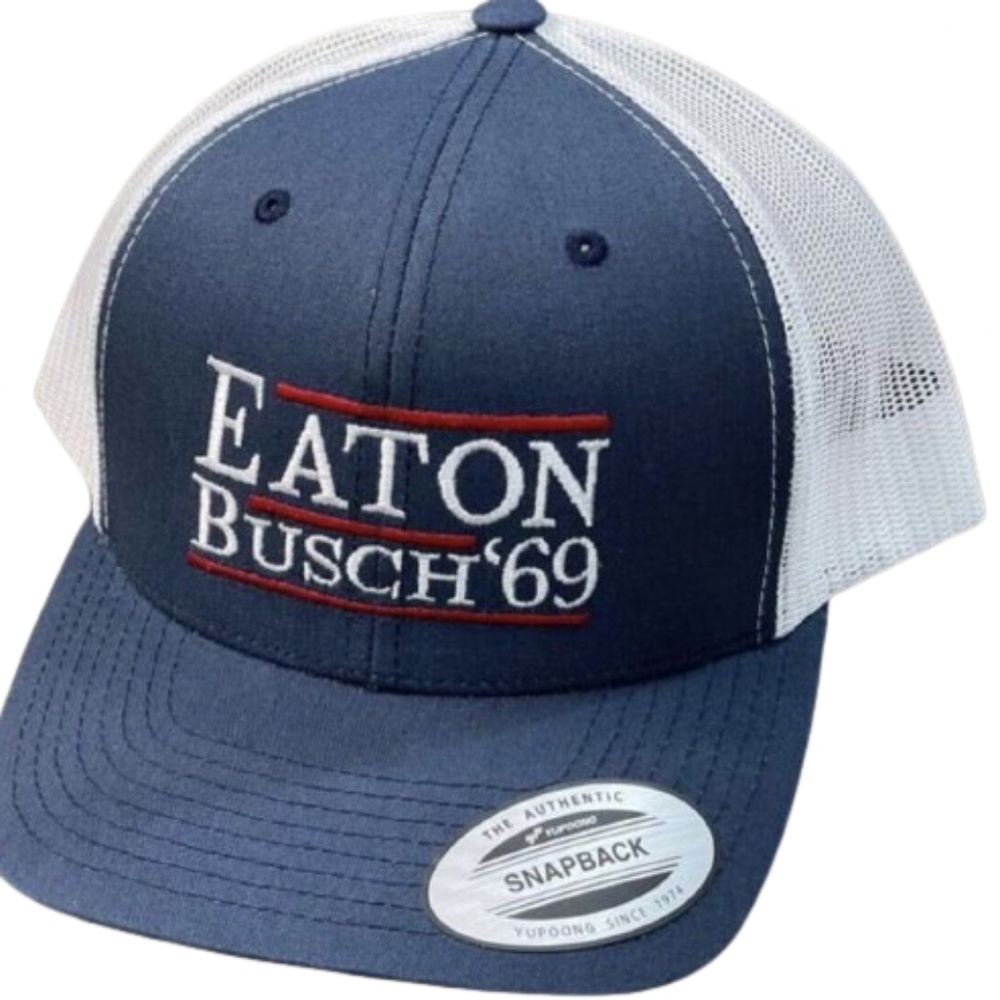 Campaign hat Eaton Busch 69 Funny Political Trucker SnapBack White and Blue Cap